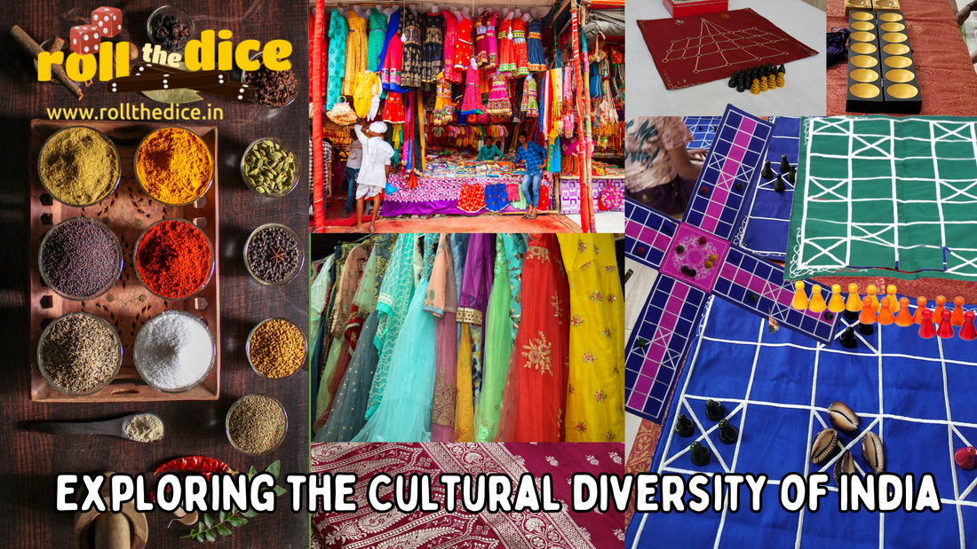 Variety of Indian board games - food - languages - dresses and more