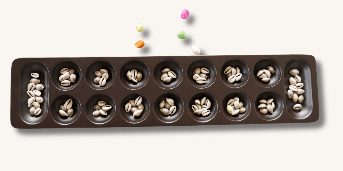 Satkoli board game by Roll the Dice, featuring colorful game pieces and traditional design elements on a wooden game board.