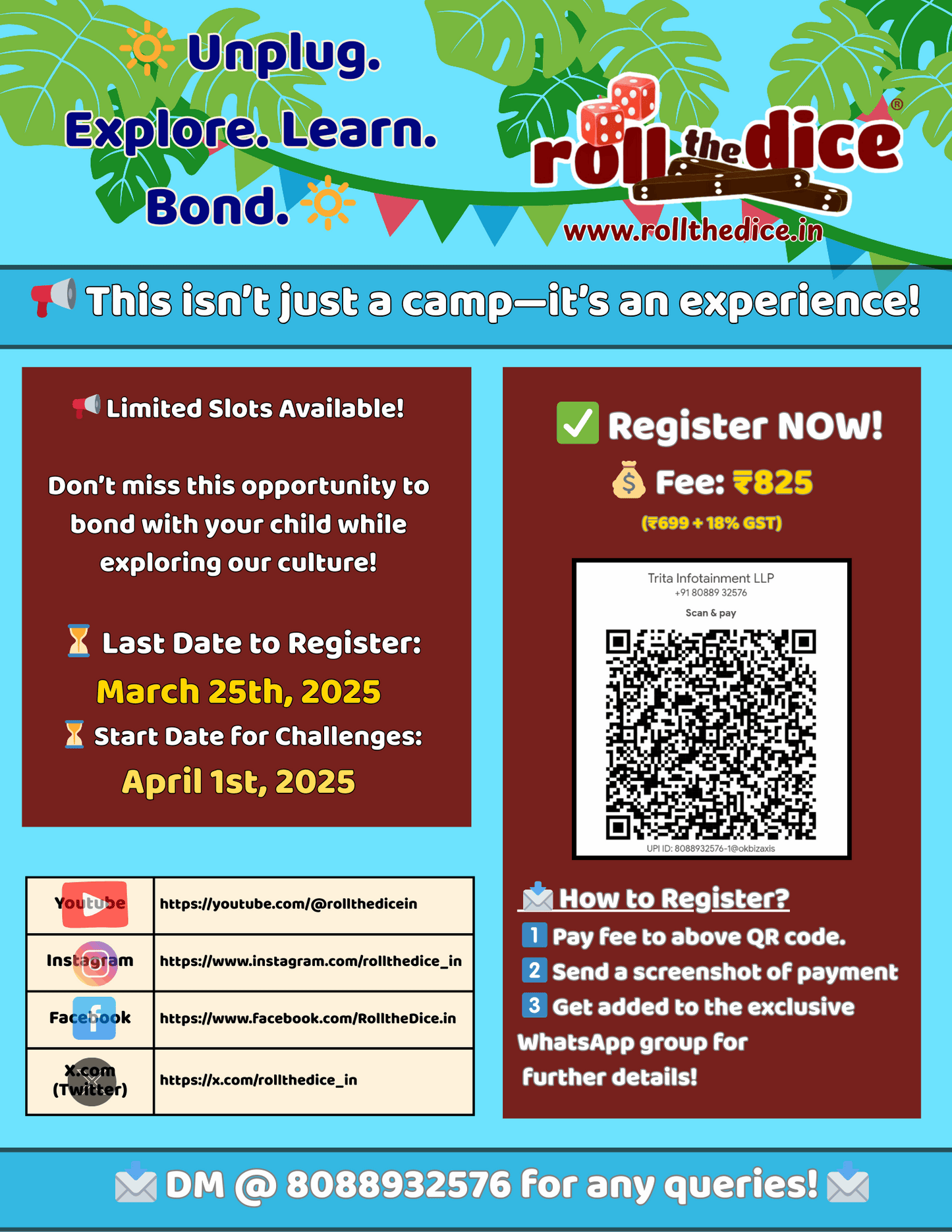 Heritage Learning Un-Camp 2025 educational tool by Roll the Dice, featuring colorful adventure-themed graphics for kids' learning activities.