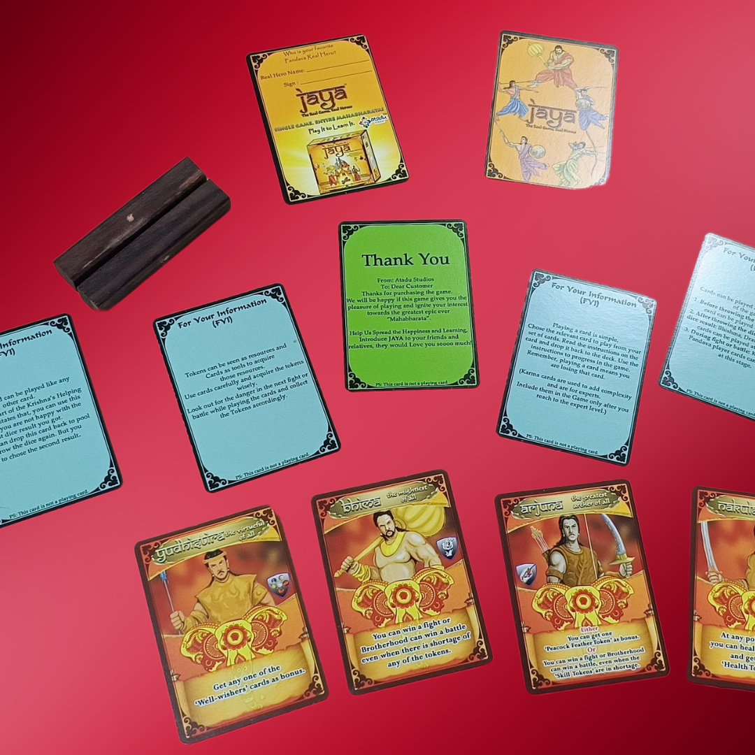 Information cards, dice and Pandava cards