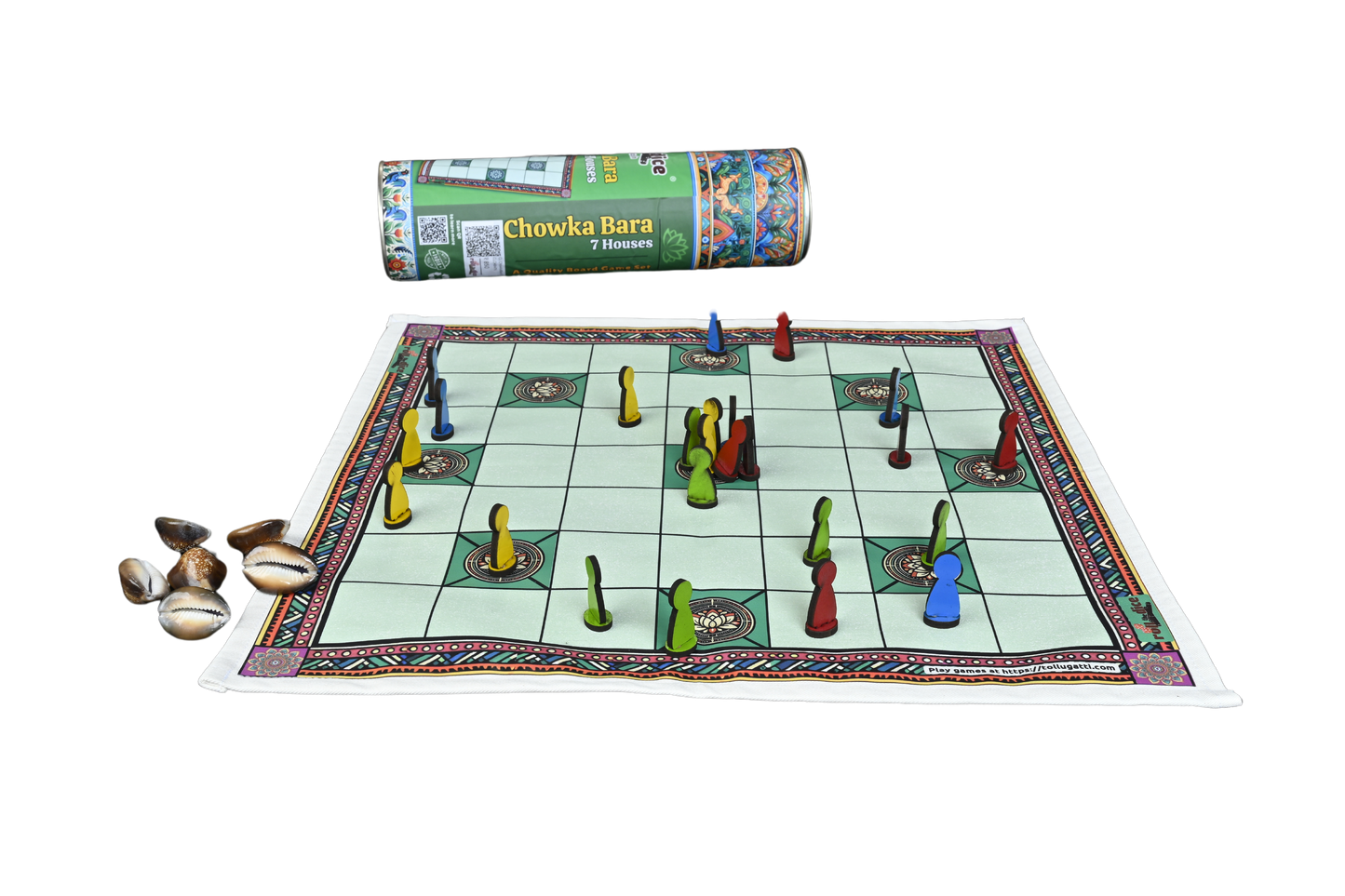 Classic Chowka Bara Board Game | 5 & 7 House Combo Set with Durable Mat and Pawns