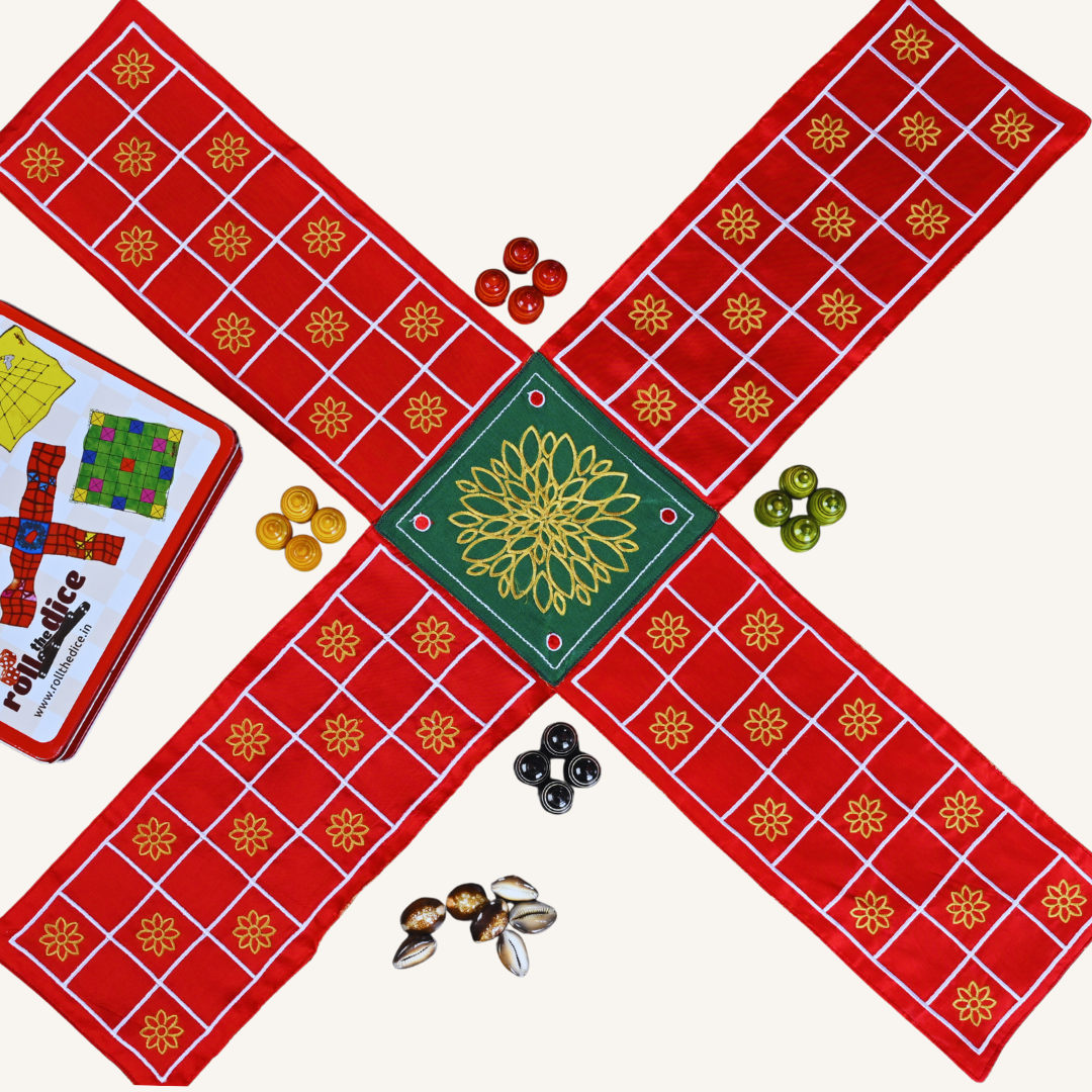 Traditional Indian Pachisi board game by Roll the Dice, featuring a colorful Chausar game board with dice and pawns.