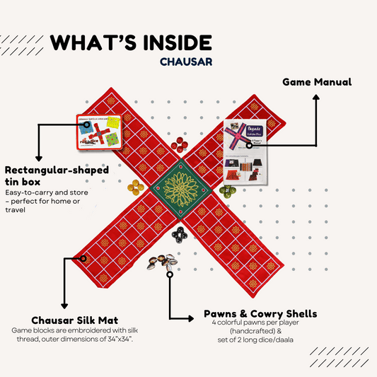 Traditional Indian Pachisi board game by Roll the Dice, featuring a colorful Chausar game board and game pieces.