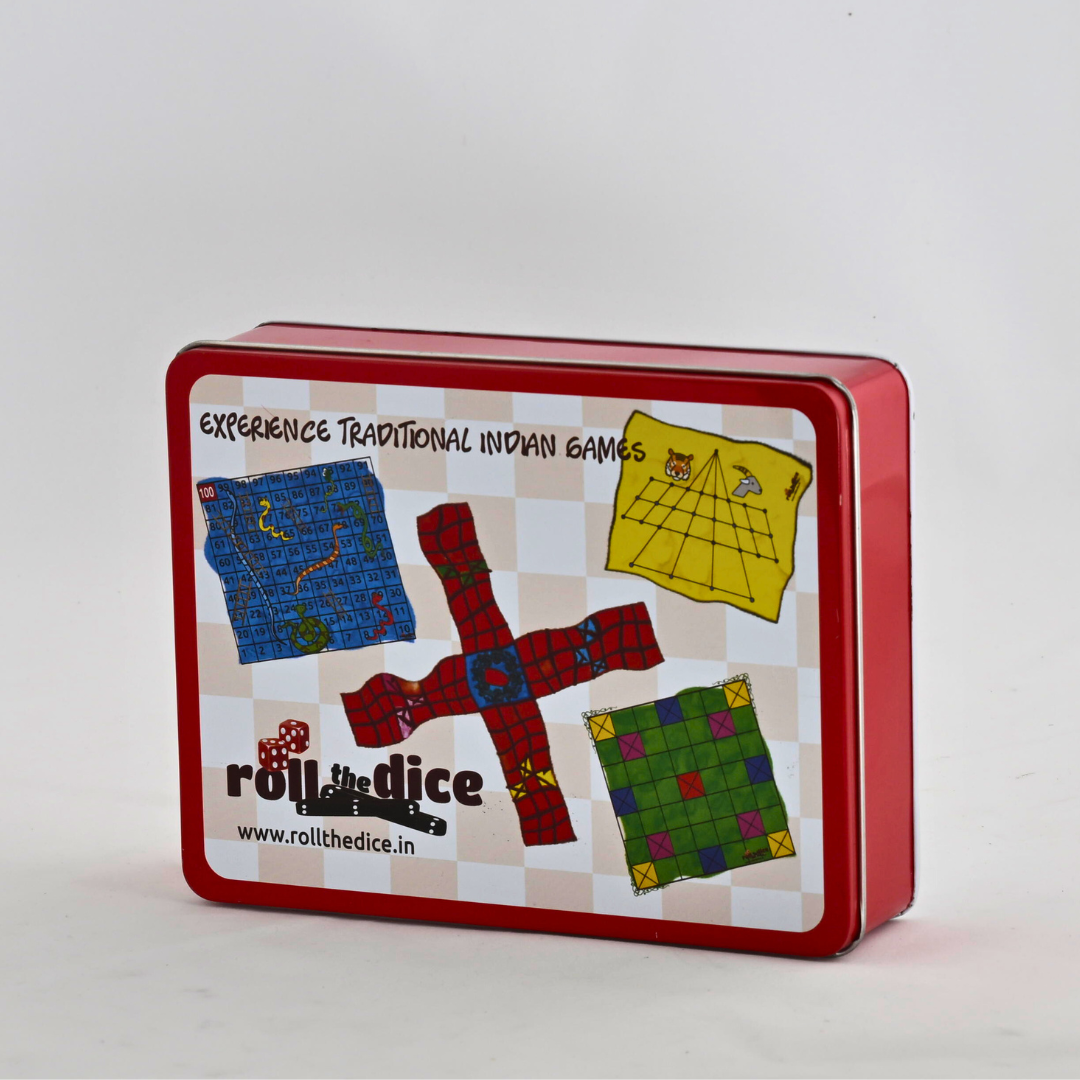 Traditional Indian Chowka Bara 7 Houses board game with handmade mat and Channapatna wooden pawns, by Roll the Dice.