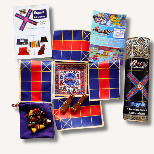 Colorful Pagade Indian board game set by Roll the Dice featuring traditional Pachisi-style game pieces and a game board.