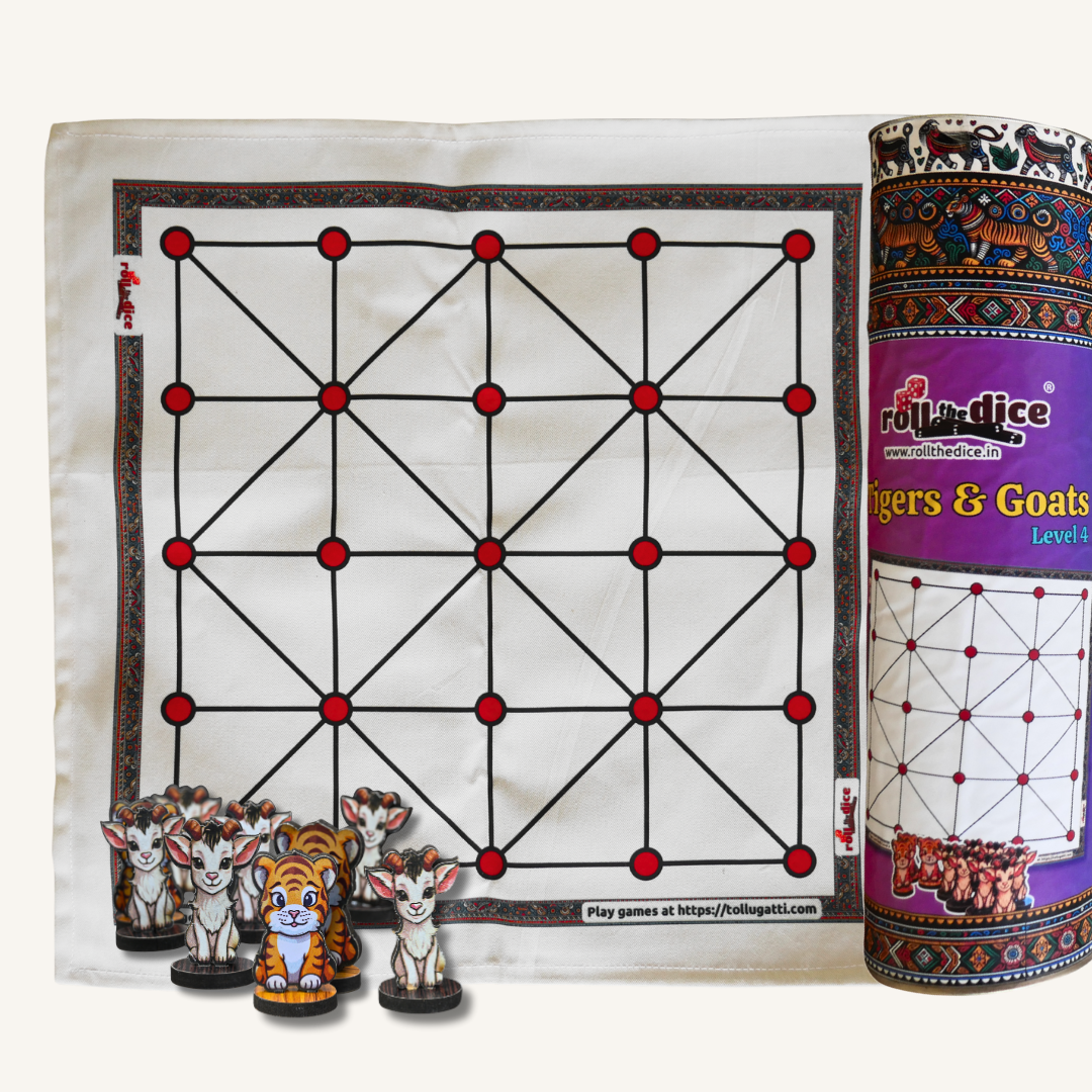 Aadu Huli Board Game by Roll the Dice, Classic Level 4, featuring the game board with tiger and goat pieces for strategy play.