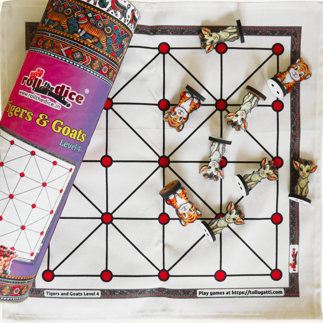 Aadu Huli Board Game by Roll the Dice, showing a classic level 4 strategy game with goats and tigers on the game board.