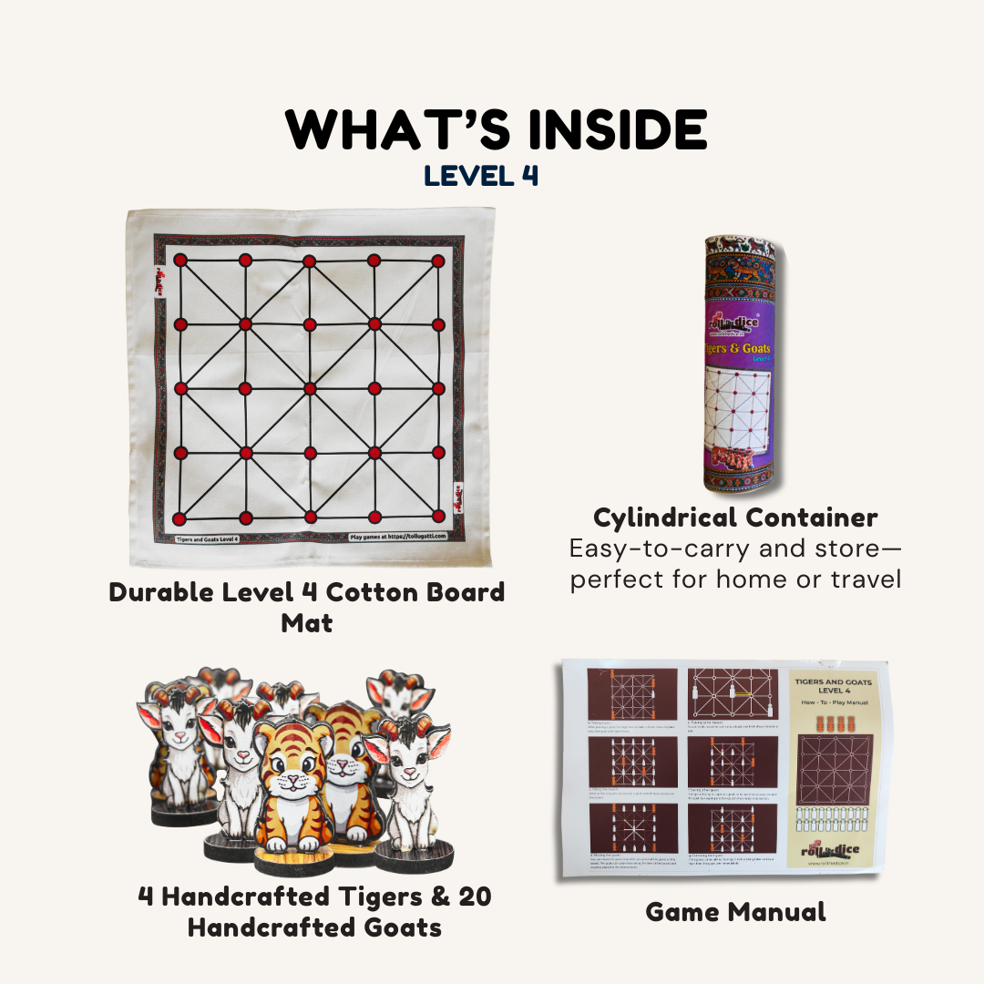 Aadu Huli Board Game by Roll the Dice showing game board with tiger and goat pieces for strategic play at level 4.
