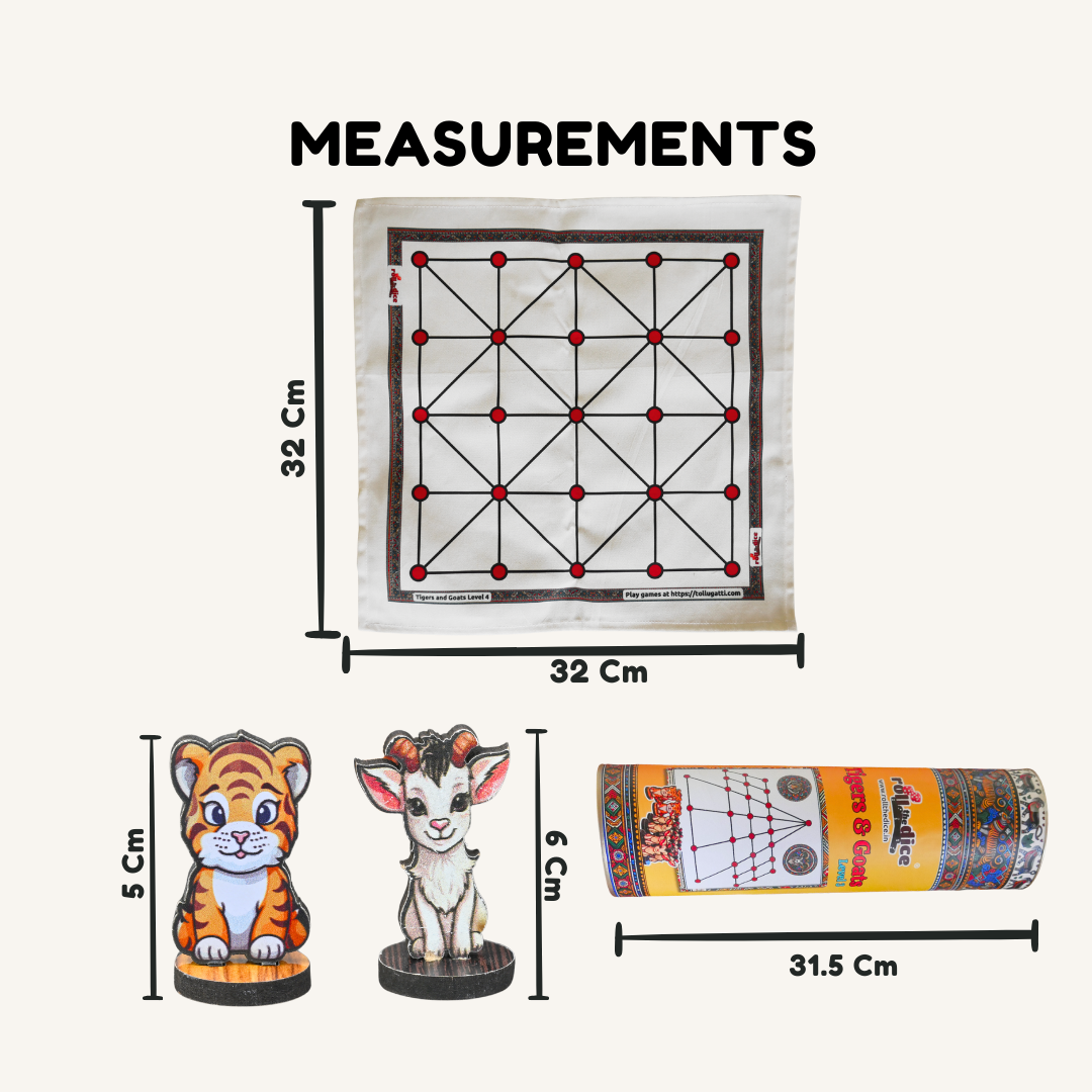 Aadu Huli Board Game Classic Level 4 by Roll the Dice featuring tiger and goat game pieces on the game board.
