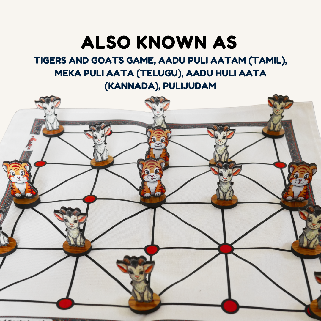 Aadu Huli Board Game by Roll the Dice featuring a classic level 4 strategy game with tiger and goat pieces on the game board.