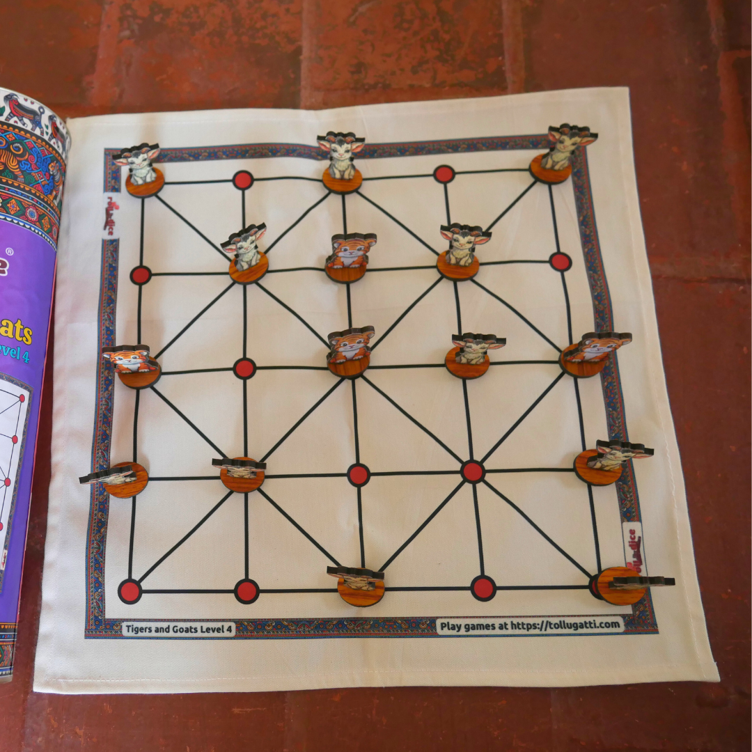 Roll the Dice Aadu Huli Board Game Classic Level 4 featuring tigers and goats in a strategic game setup.