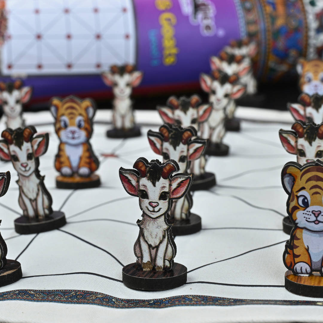 Aadu Huli Board Game Classic Level 4 by Roll the Dice featuring tiger and goat game pieces on a wooden board.