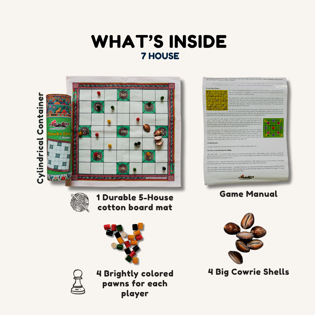 Classic Chowka Bara board game with traditional design and handcrafted pawns from Roll the Dice, featuring the 7 House edition.