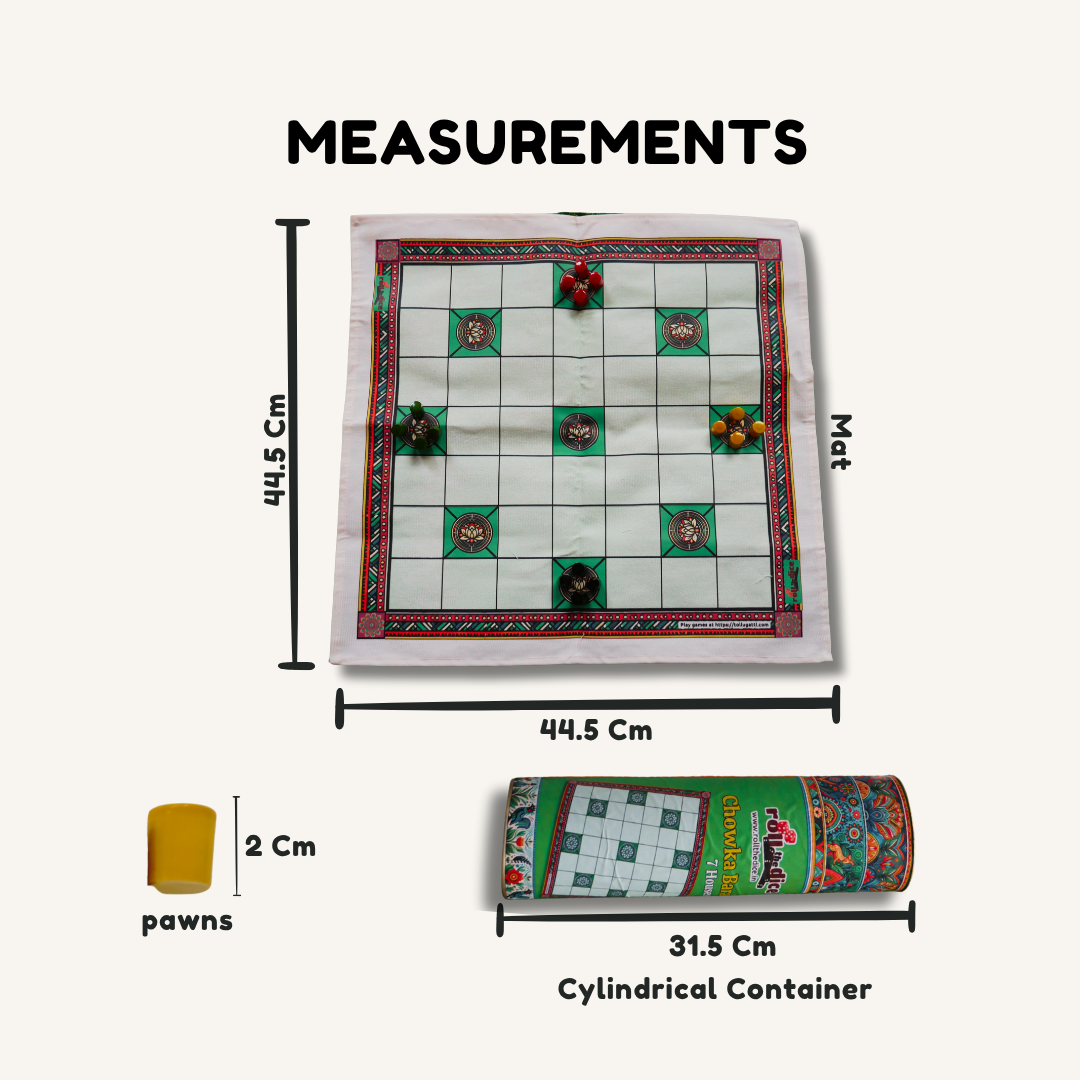 Classic Chowka Bara board game with traditional design and handcrafted pawns, 7 House Edition, by Roll the Dice.