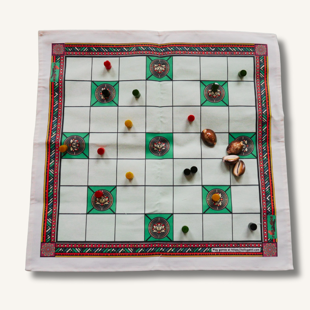 Classic Chowka Bara board game with traditional design and handcrafted pawns, 7 House Edition by Roll the Dice.