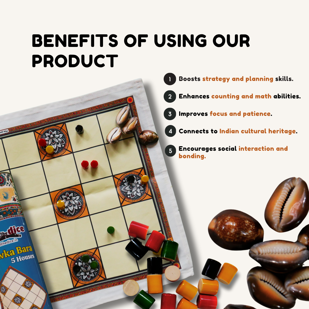 Classic Ashta Chamma 5 House (Chowka Bara) Board Game | Cotton Mat with Colorful Pawns