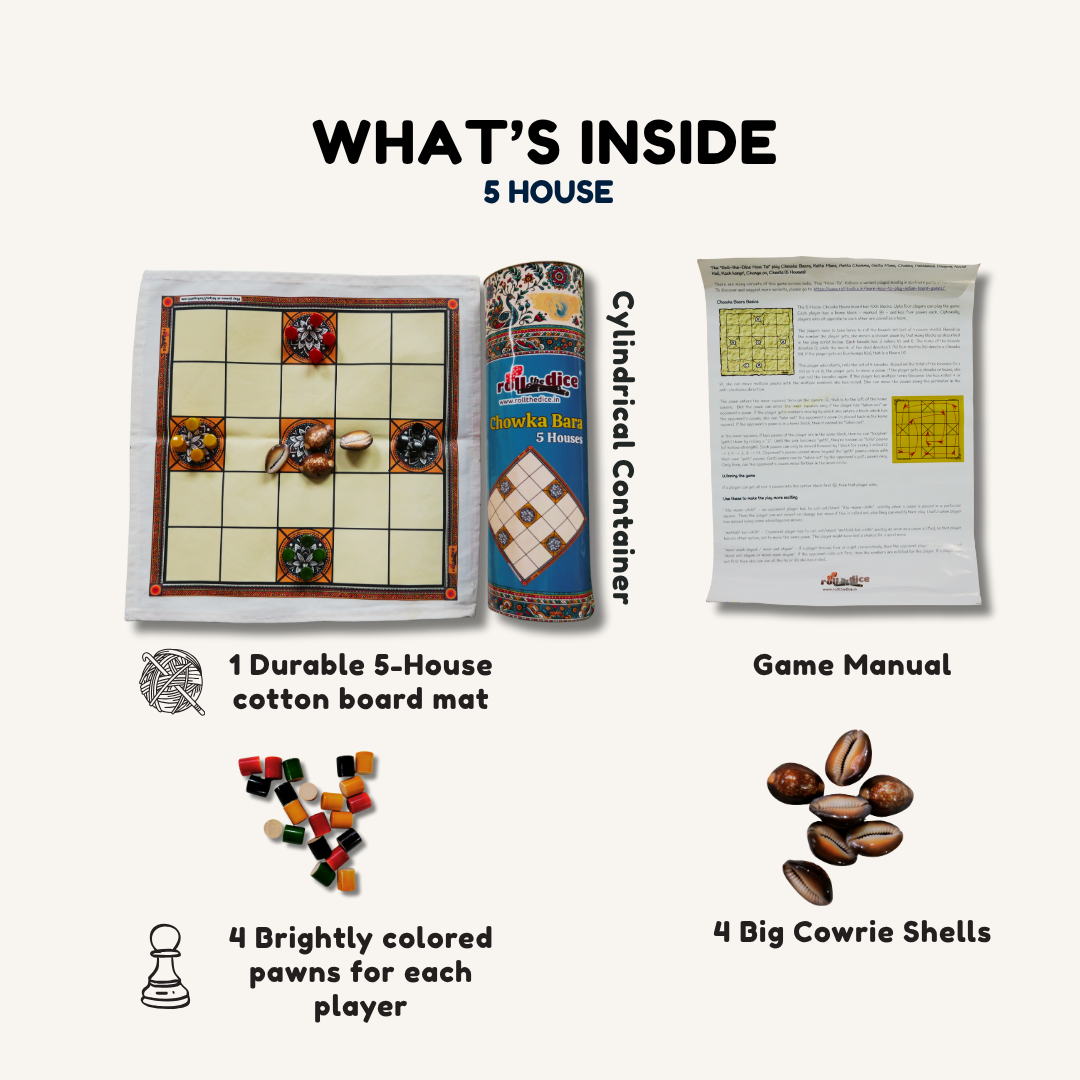 Classic Ashta Chamma 5 House (Chowka Bara) Board Game | Cotton Mat with Colorful Pawns