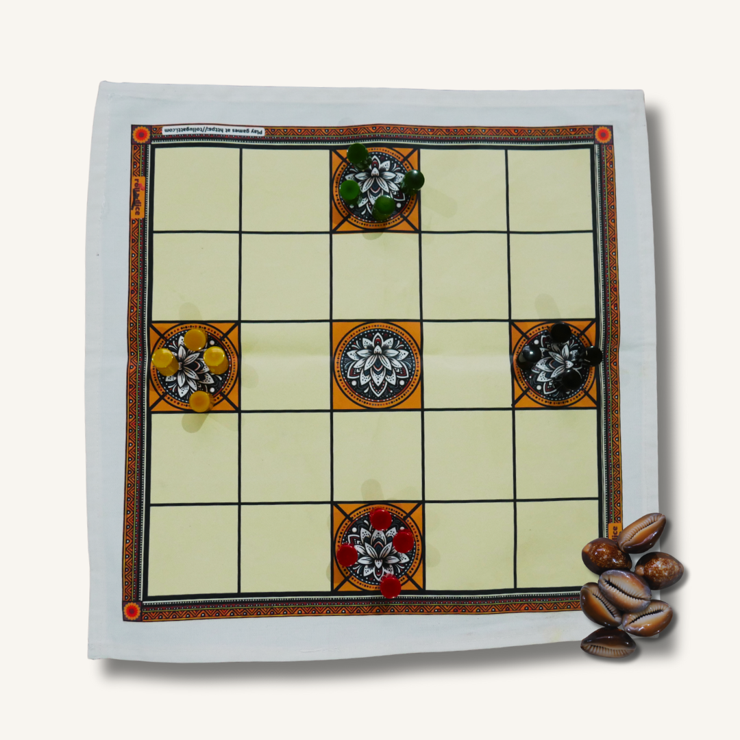 Classic Ashta Chamma 5 House (Chowka Bara) Board Game | Cotton Mat with Colorful Pawns
