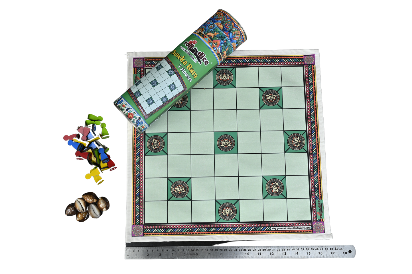 Chowka Bara 7 Houses Traditional Indian Board Game | Handmade Mat & Channapatna Pawns