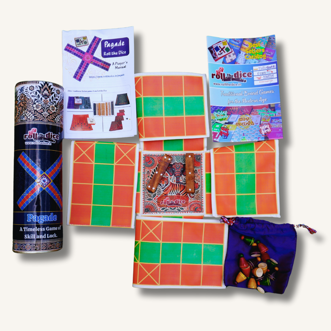 Colorful Pagade Indian board game set by Roll the Dice, featuring traditional Pachisi design and four vibrant color options.