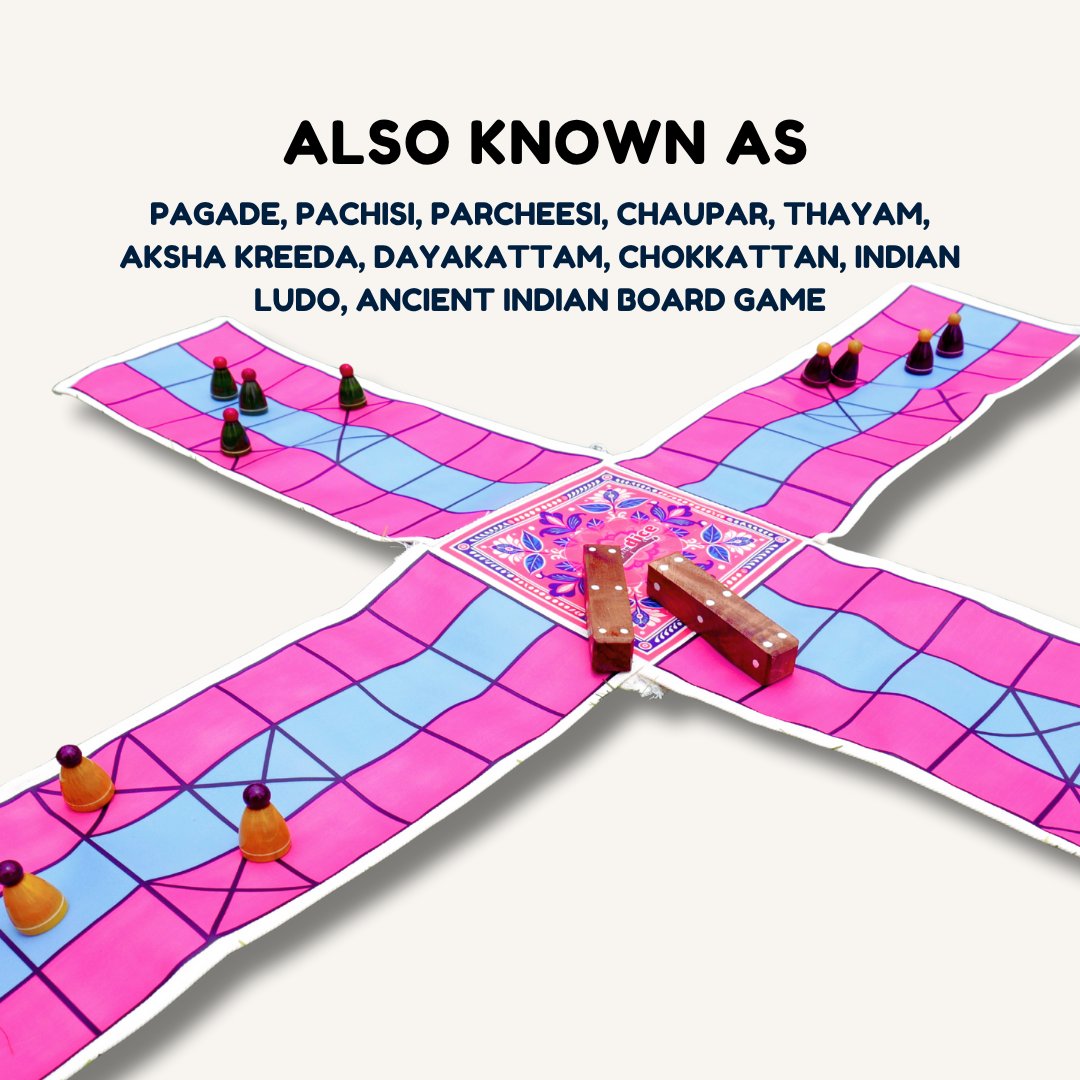 Classic Pagade Indian board game in four colors, traditional Pachisi set by Roll the Dice, with colorful game pieces on the board.
