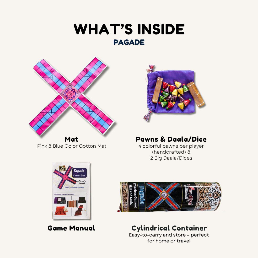Colorful Pagade Indian board game by Roll the Dice featuring traditional Pachisi design in four vibrant colors.