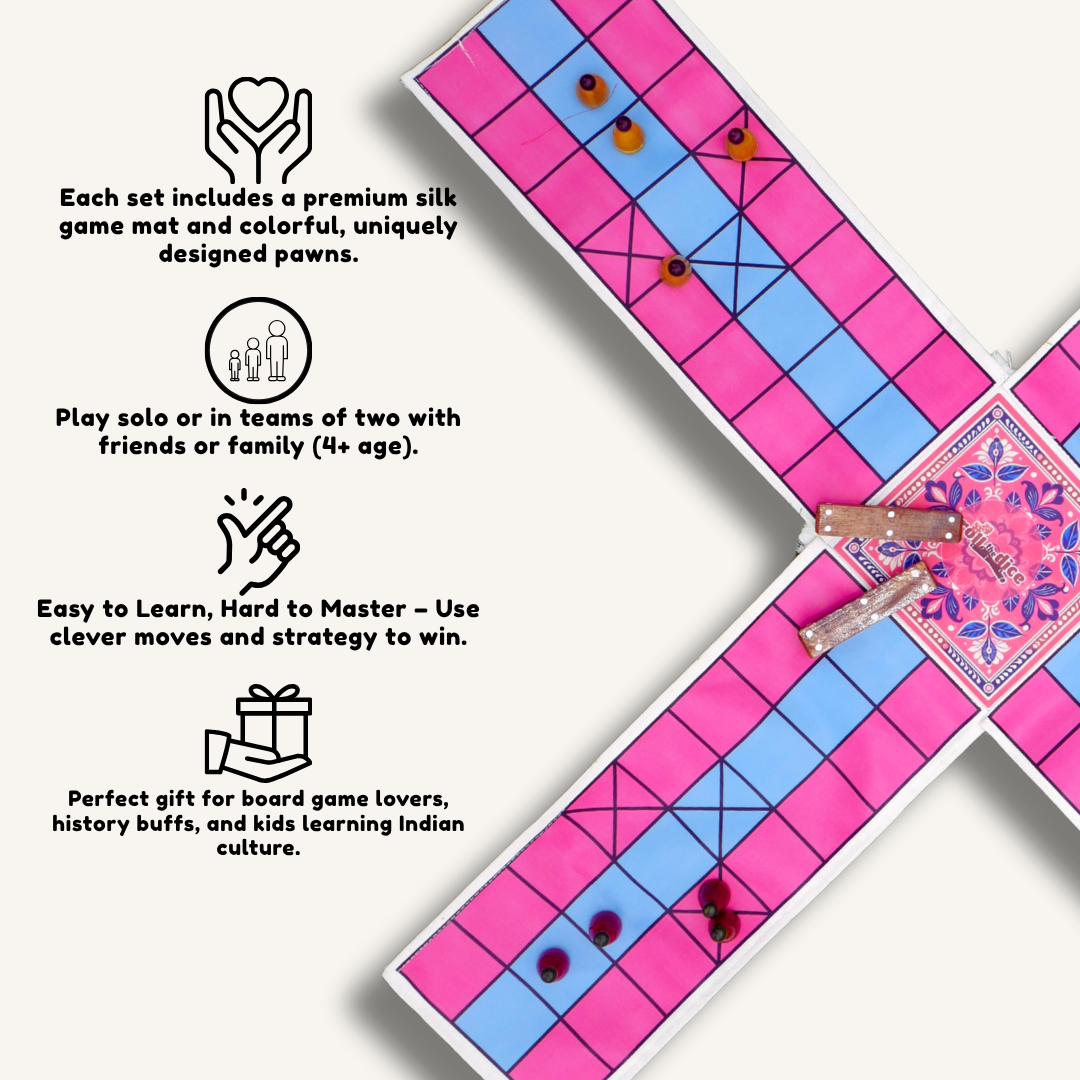 Colorful Pagade Indian board game set by Roll the Dice, featuring traditional Pachisi design in four vibrant colors.