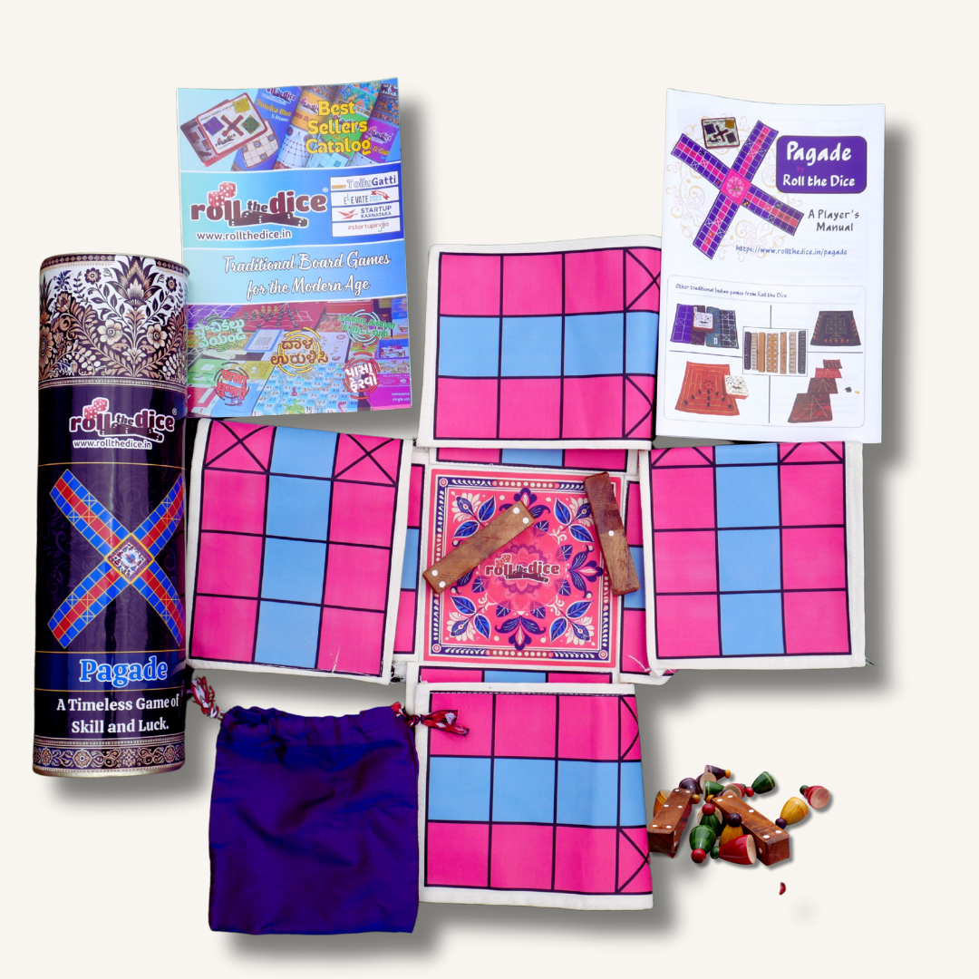 Colorful Pagade Indian board game set by Roll the Dice featuring a traditional Pachisi game with four vibrant colored boards.