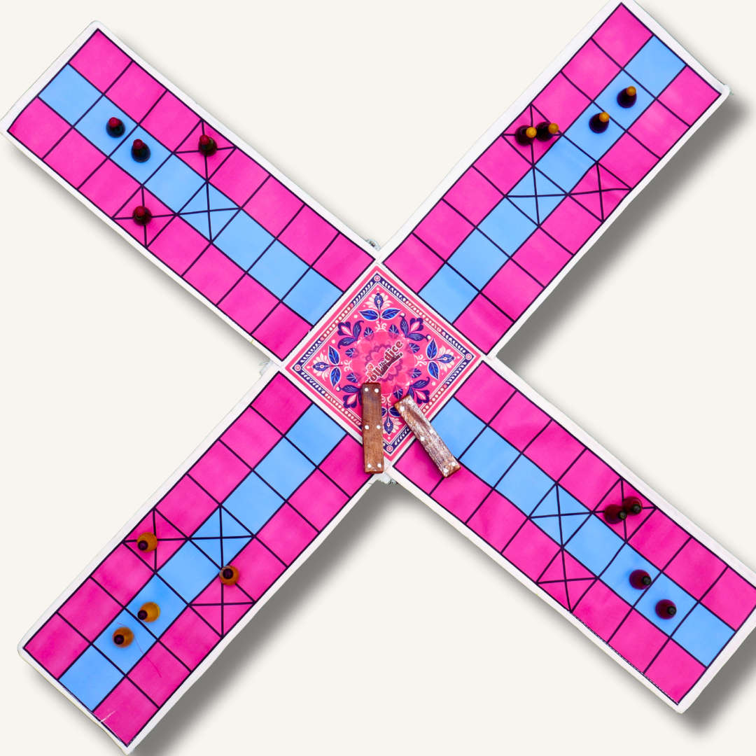 Pagade traditional Indian board game in four colors, featuring a Pachisi-style game set by Roll the Dice.