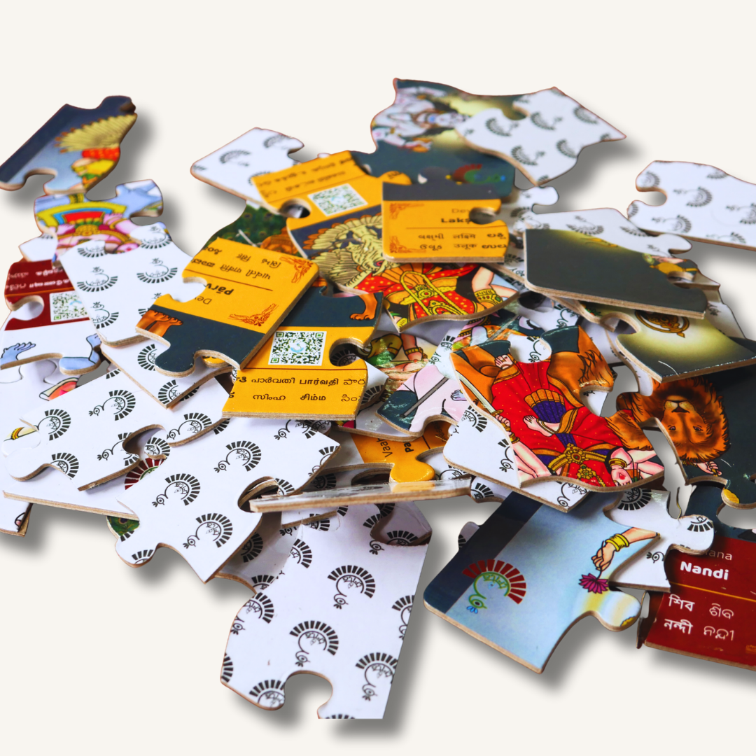 Trita Bharatiya Parampara Devata Vahanas jigsaw puzzle featuring colorful deity vehicle illustrations.