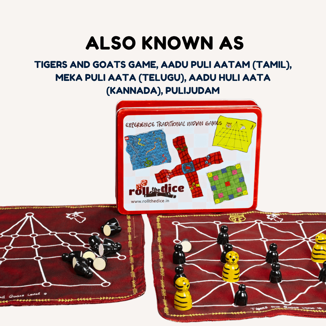 Heritage Aadu Huli board game featuring tiger and goat pieces from Roll the Dice, traditional Indian game for 3-4 players.