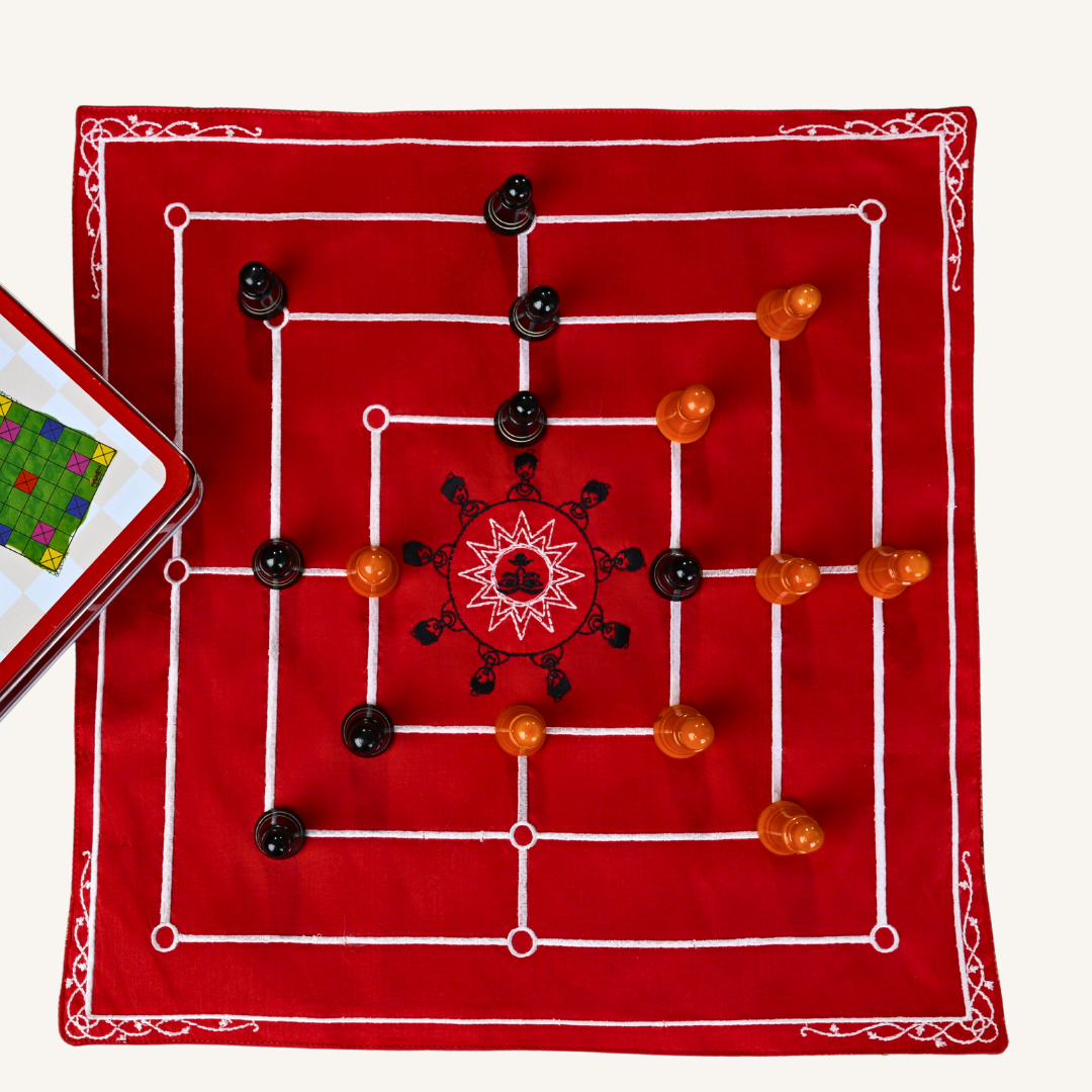 Heritage Navkankari board game by Roll the Dice, featuring traditional Indian motifs and colorful design on a wooden surface.