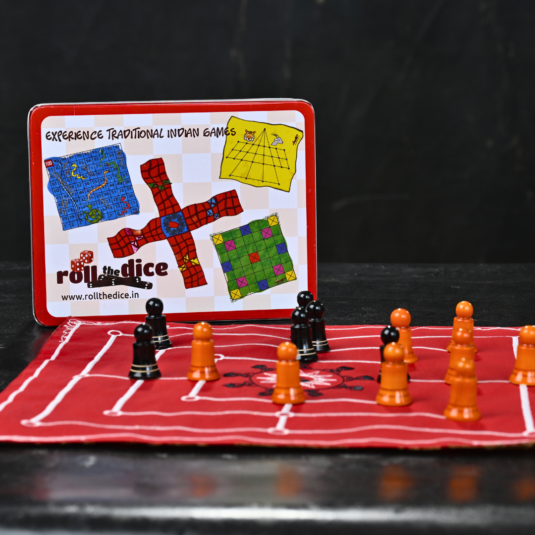 Heritage Navkankari board game by Roll the Dice, featuring traditional Indian design and colorful game pieces on a wooden board.