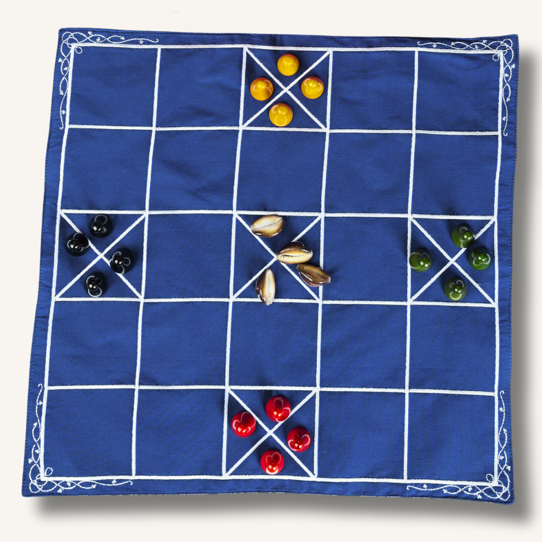 Handcrafted Chowka Bara 5 House traditional Indian board game by Roll the Dice, featuring colorful wooden game pieces on a decorative board.