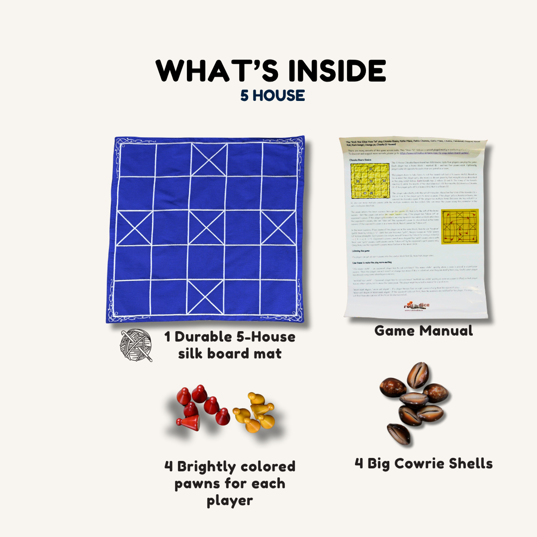 Traditional Indian Chowka Bara 5 House board game by Roll the Dice, handcrafted Channapatna set with colorful wooden pieces.