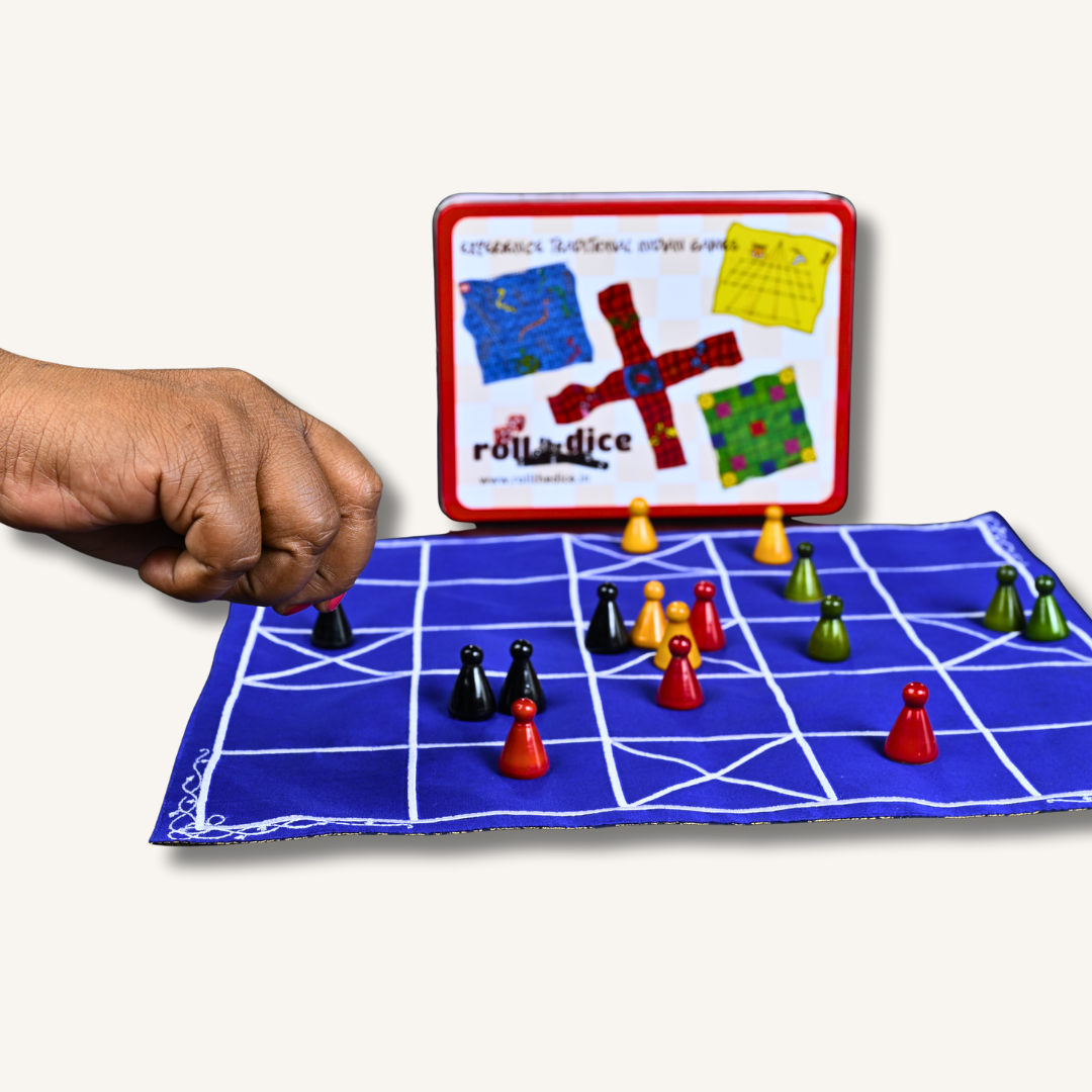 Handcrafted Chowka Bara 5 House traditional Indian board game from Roll the Dice, featuring colorful wooden pieces on a decorative board.