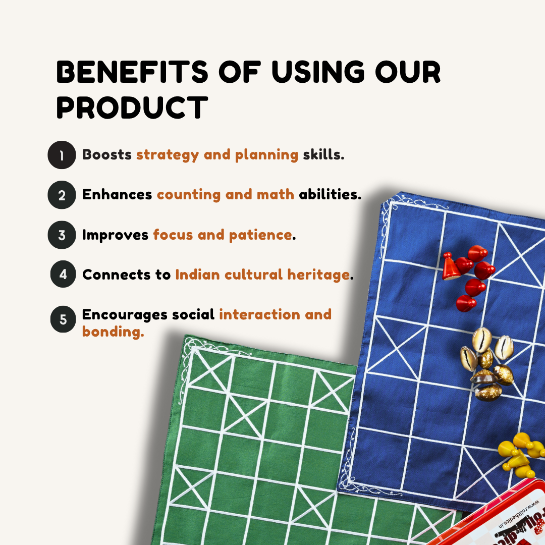 Chomal Ishto board game set featuring 5 and 7 houses, from Roll the Dice, with traditional heritage Chowka Bara design.