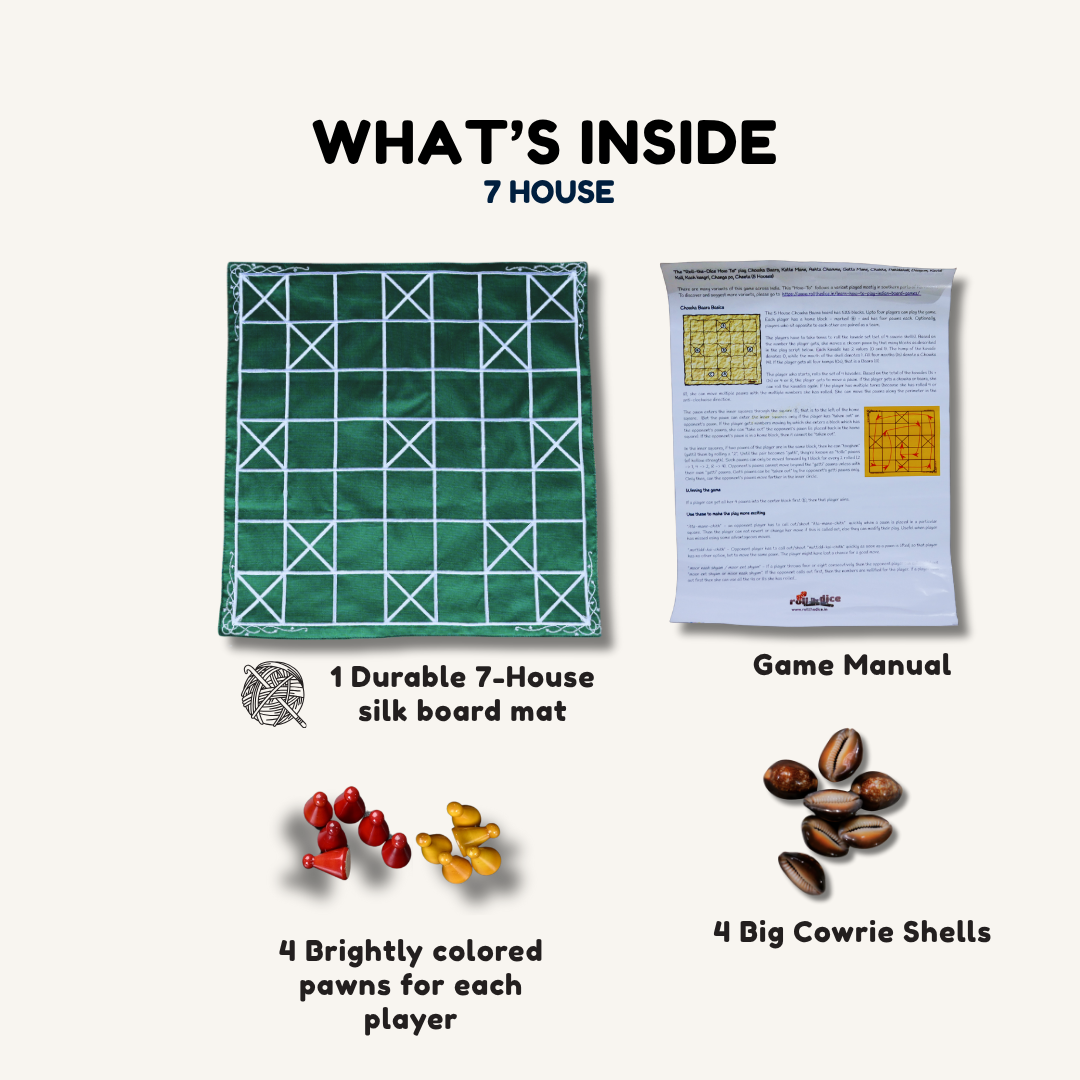 Handmade Chowka Bara 7 houses traditional Indian board game with woven mat and colorful Channapatna pawns by Roll the Dice