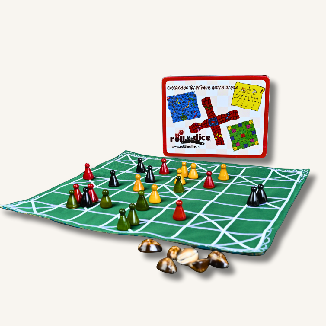 Handmade Chowka Bara 7 Houses traditional Indian board game with colorful mat and Channapatna wooden pawns by Roll the Dice.