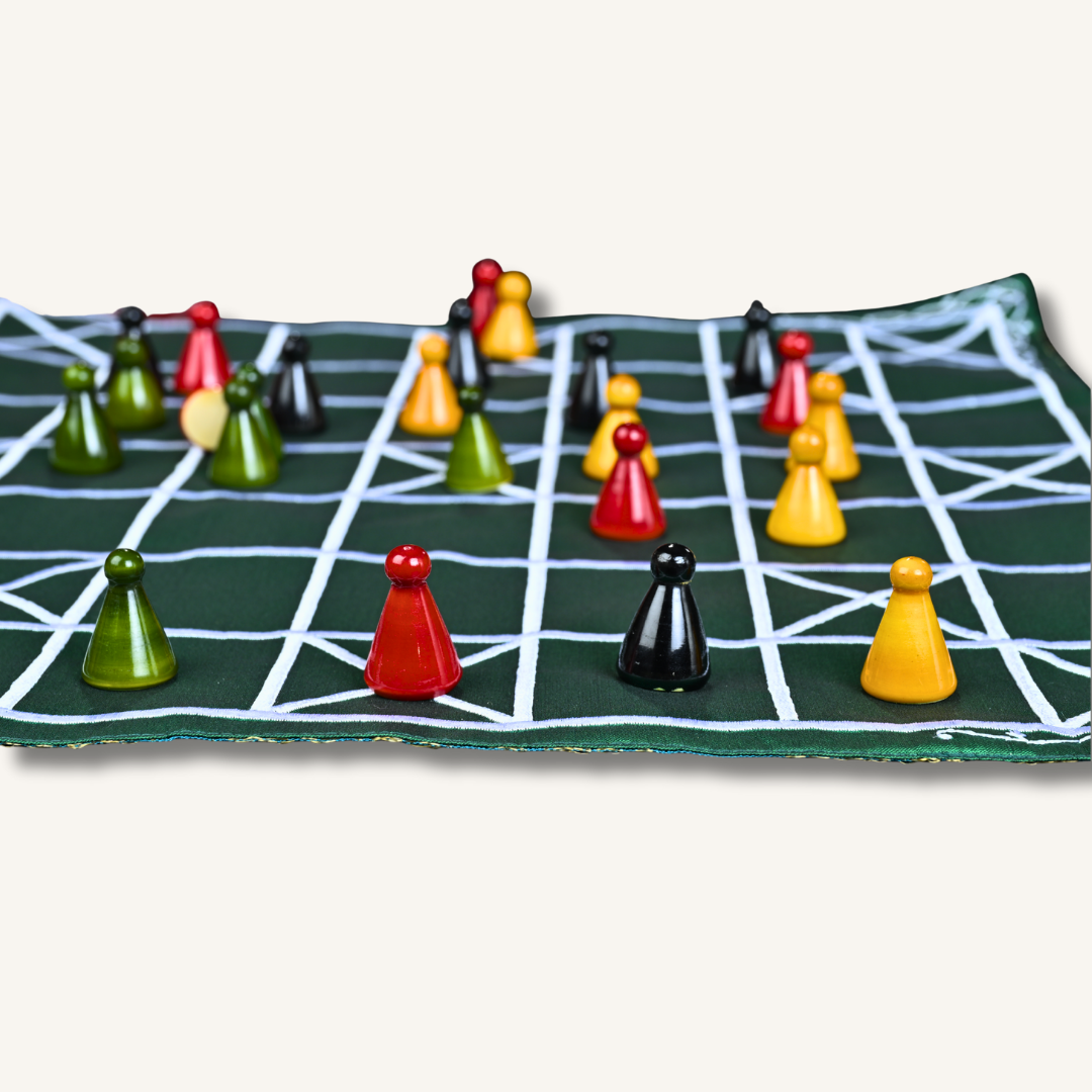 Handmade Chowka Bara 7 Houses Indian board game with traditional mat and colorful Channapatna wooden pawns by Roll the Dice