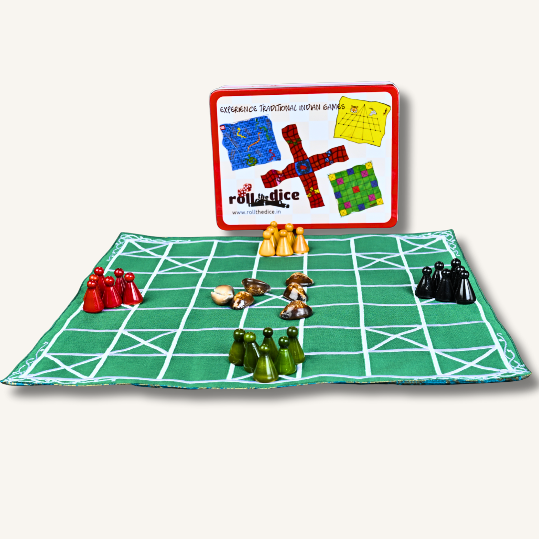 Handmade Chowka Bara 7 Houses traditional Indian board game with colorful mat and Channapatna wooden pawns by Roll the Dice.