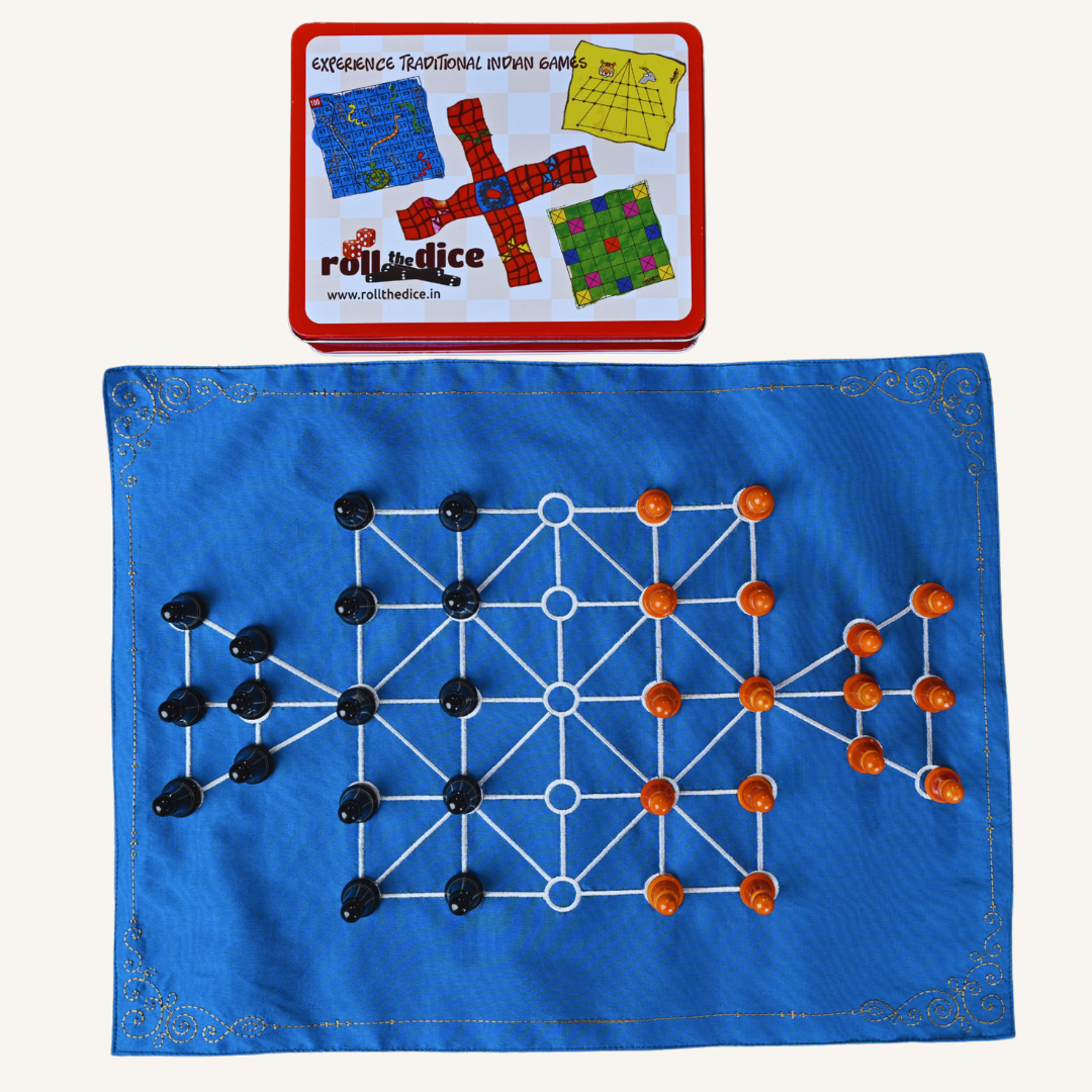 Navakankari and Sholo Guti traditional Indian board game set with nine men's Morris and bead 16 mat, by Roll the Dice.