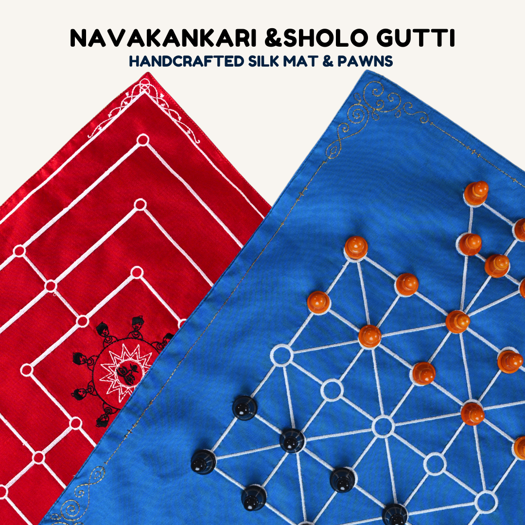 Navakankari and Sholo Gutti traditional Indian board game set by Roll the Dice, featuring Nine Men's Morris and bead 16 mat gameplay.