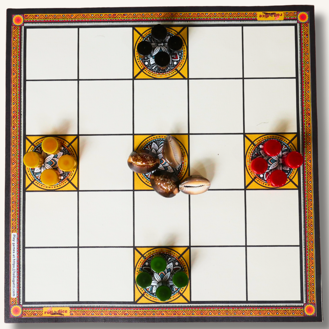 Classic Chowka Bara 5 Houses Traditional Indian Board Game | Cotton Cloth Mat & Colorful Pawns