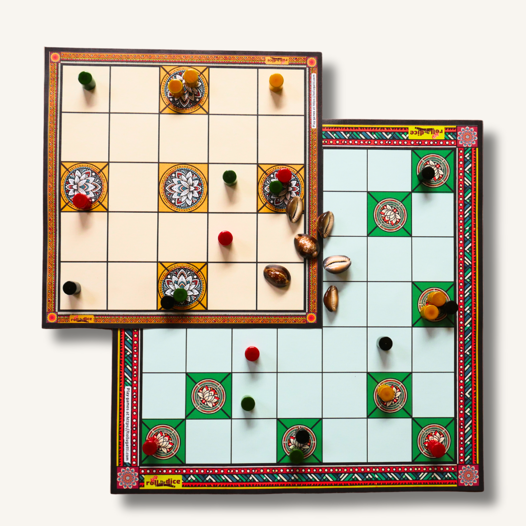 Classic Chowka Bara board game by Roll the Dice, featuring a durable mat, pawns, and a 5 and 7 house combo set.