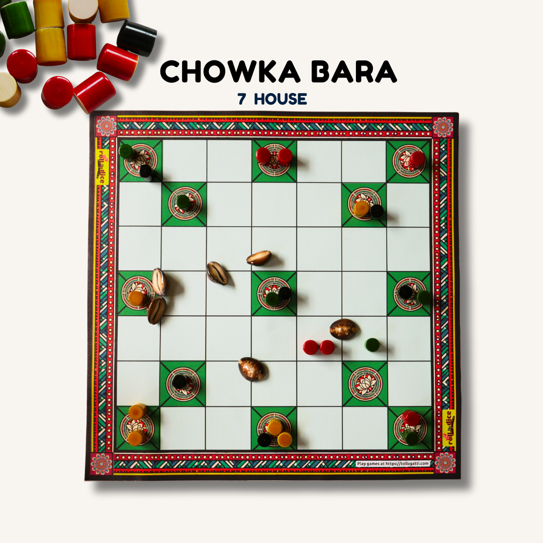 Classic Chowka Bara board game by Roll the Dice, featuring a durable mat, pawns, and a 5 and 7 house combo set.