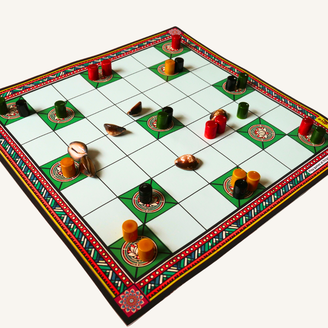 Classic Chowka Bara board game set with durable mat and pawns, featuring 5 and 7 house combo from Roll the Dice.