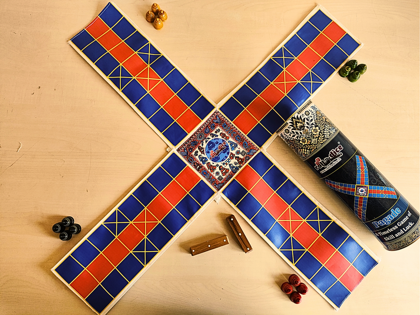 Pagade – Classic Indian Board Game in Blue & Red | Traditional Pachisi (Parcheesi) Set