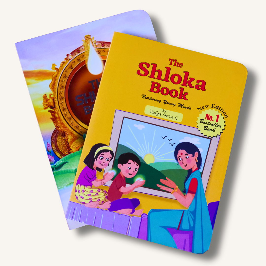 Illustrated Shloka Book Set for Kids by Mindful Motherhood, featuring daily routine mantras and Hindu gods shlokas for early learning.