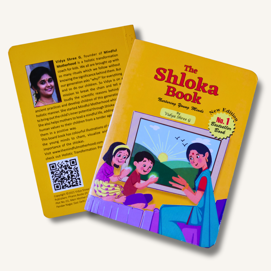 Illustrated Shloka book set for kids by Mindful Motherhood, featuring daily routine mantras and Hindu gods shlokas for early learning.